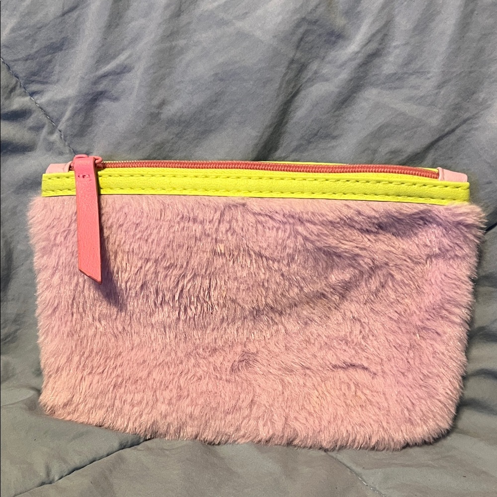 Ipsy Pink and Green Faux Fur Cosmetic Pouch